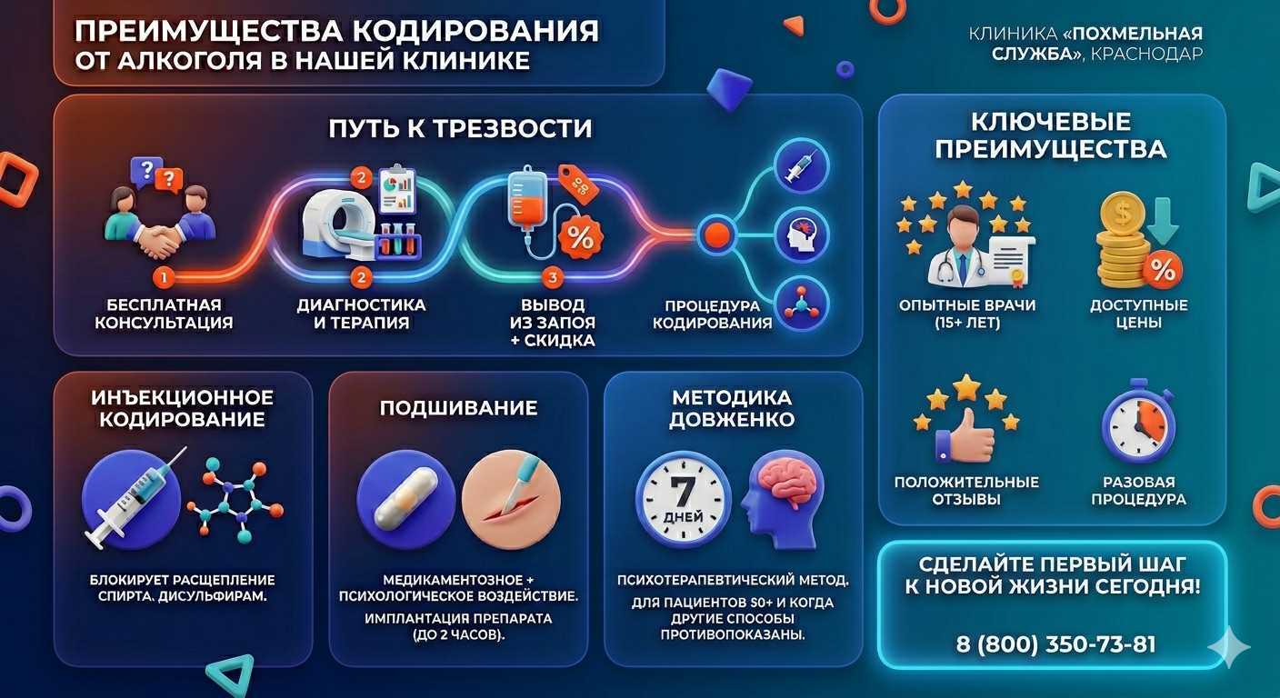 Инфографика о методах кодирования от алкоголя в Архангельске: инъекции, подшивание, метод Довженко. Преимущества клиники и этапы лечения.